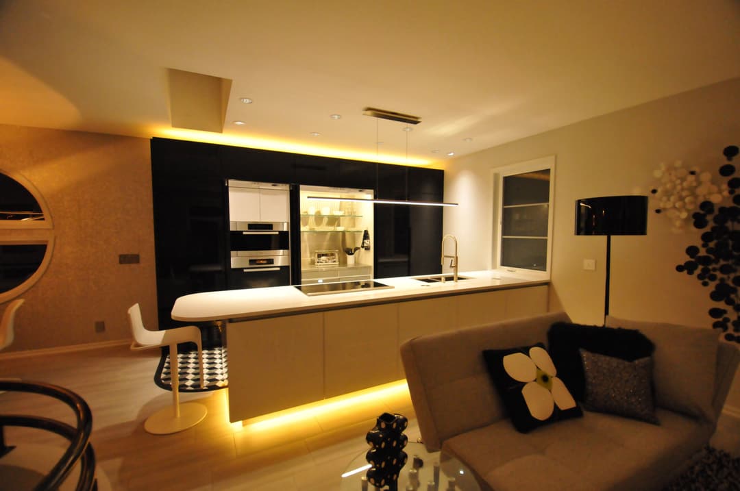 Modern kitchen with sleek black cabinetry, under-cabinet lighting, and minimalist decor.