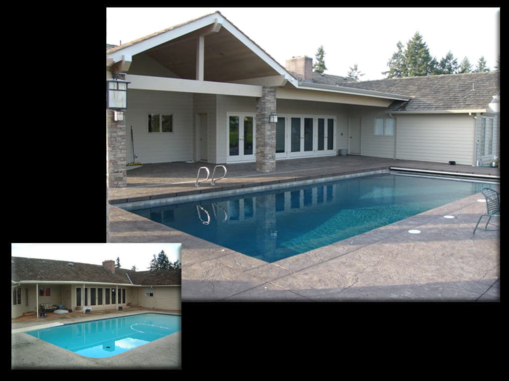 Modern home with a stylish outdoor pool and patio, showcasing a luxurious backyard retreat.