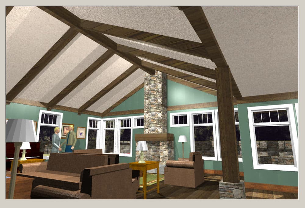 Interior view of a cozy living room with vaulted ceiling, stone fireplace, and modern furnishings.